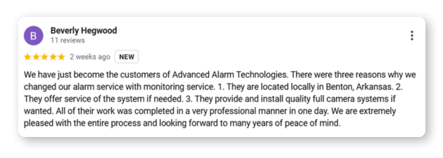 beverly hegwood google review of advanced alarm systems