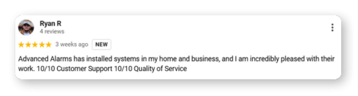 ryan r google review of advanced alarm systems