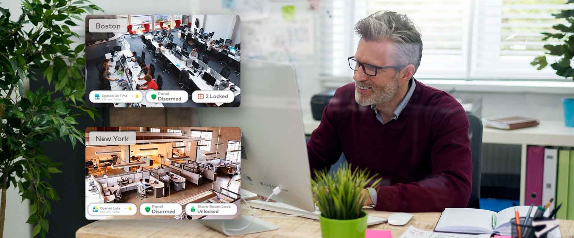 office manager looking at security camera feed